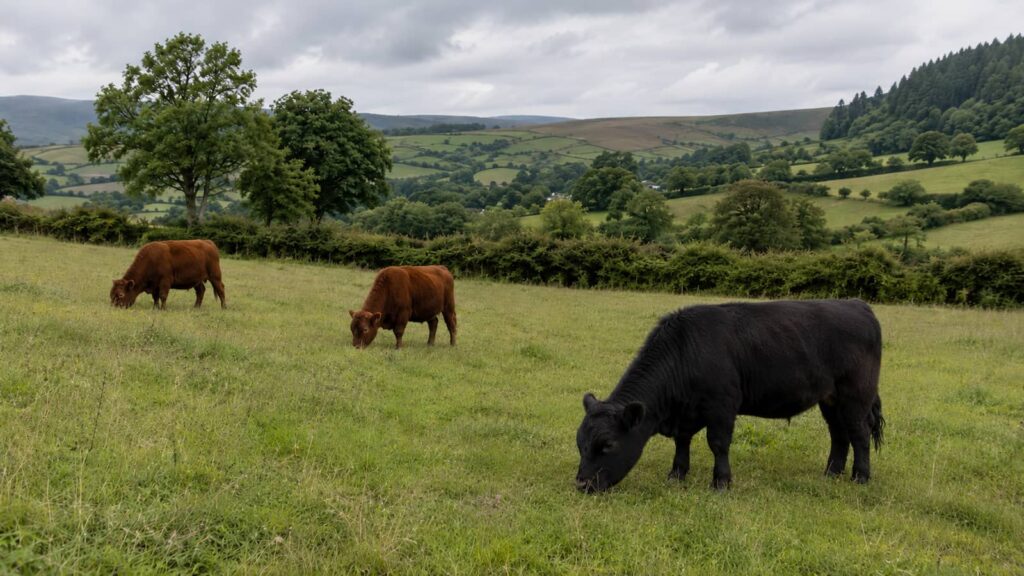 Dexter cattle grazing in a filed in the British countryside
