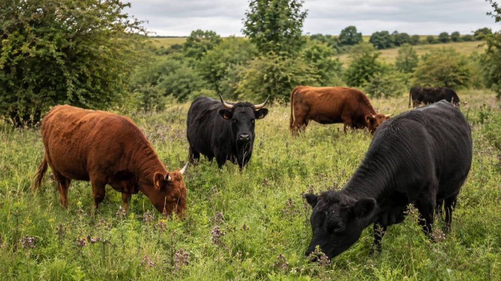 Black and red dexter cattle grazing in field