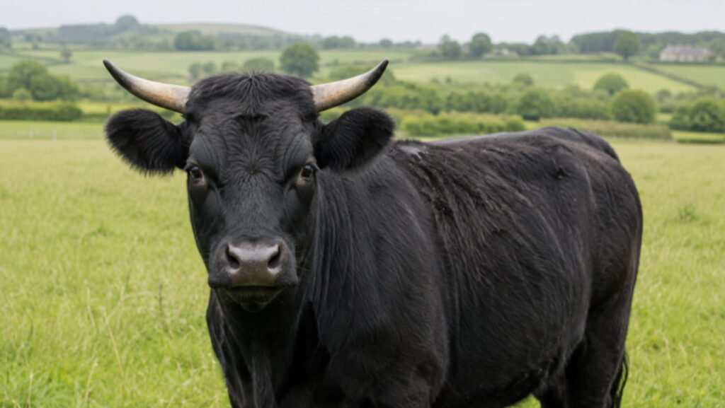 Dexter cow close-up in field